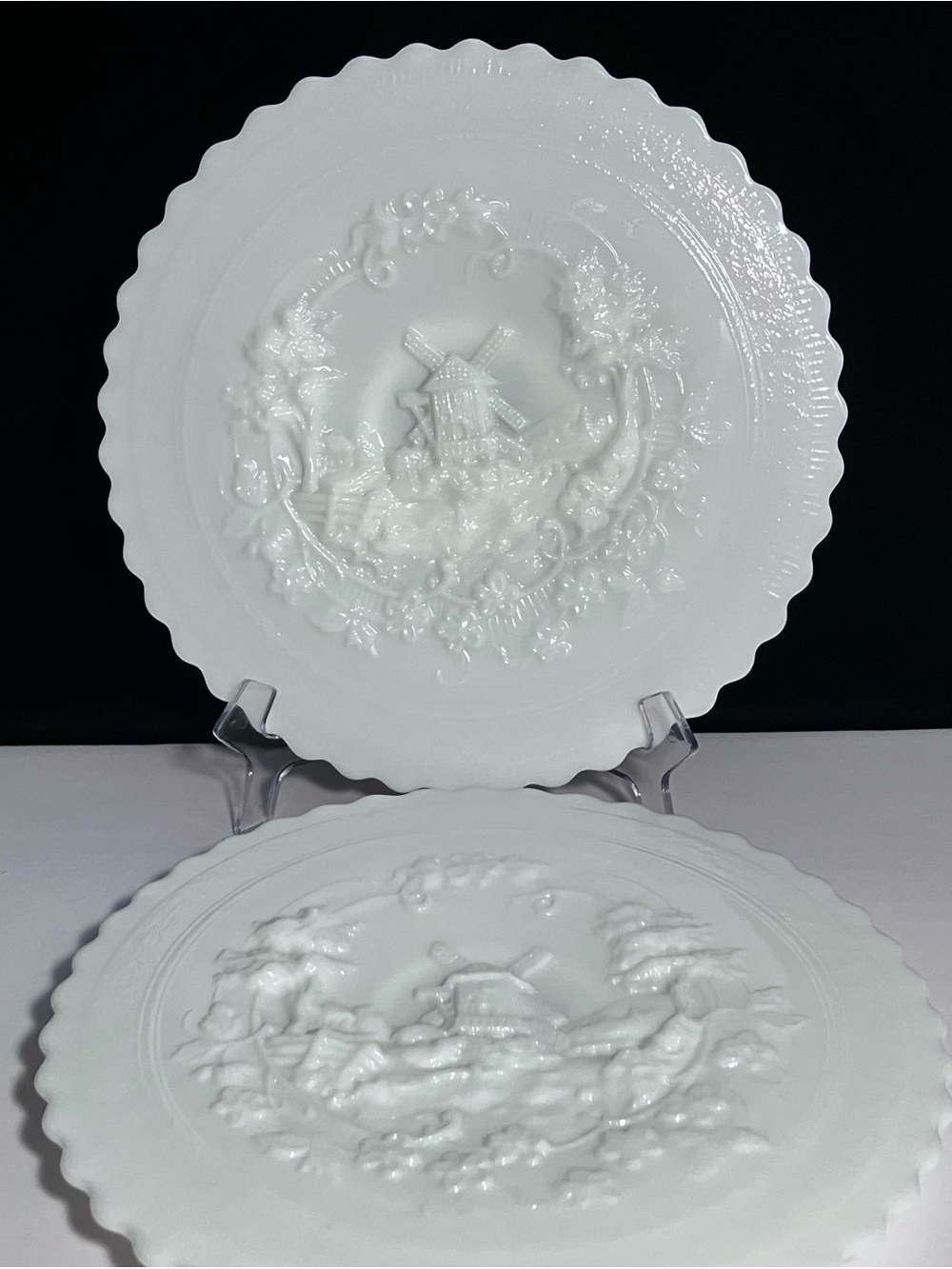 2 IMPERIAL GLASS Milk Glass WINDMILL PLATTERS / Mid Century Modern / 9.5 Inches